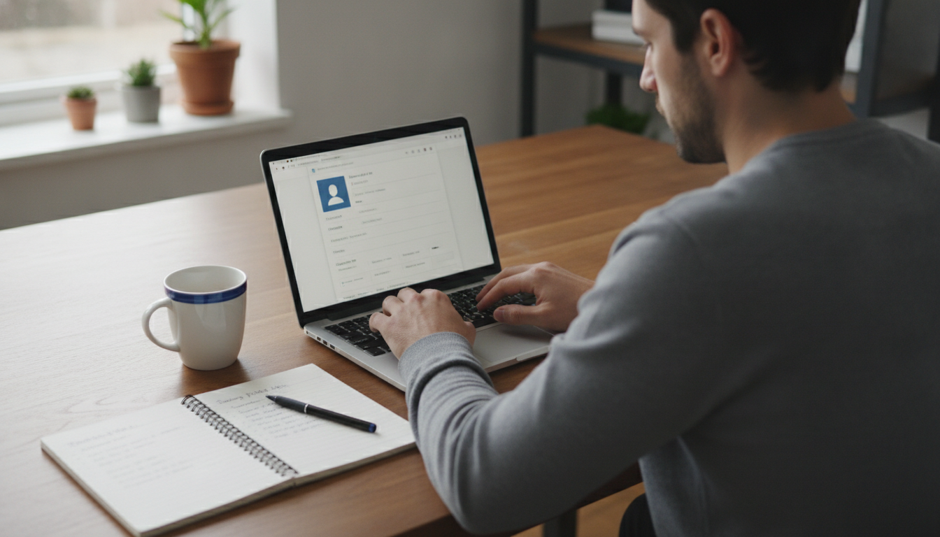 Mann erstellt an seinem Schreibtisch sein Dating-Profil am Laptop mit Notizen daneben