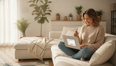 Frau sitzt lächelnd mit Laptop auf dem Sofa und registriert sich bei einer Partnerbörse